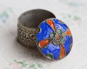 Snuff Box or Ring Box - Blue Enamel Inlay - Cloisonne