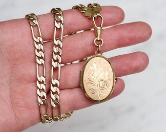 Antique Victorian Rolled Gold Locket Necklace on 20 Inch Chunky Figaro Chain, 30mm Oval Photo Keepsake Pendant, Vintage Oxidised Jewellery