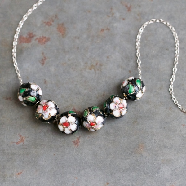 Cloisonne Beads Necklace On Sterling Silver Chain - White and Black Enamel Flowers - Vintage Layering Jewelry