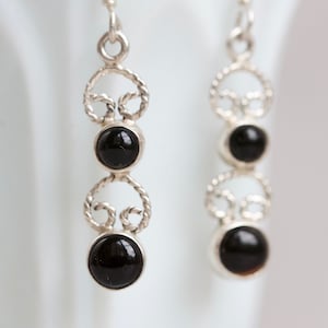 Black Dangle Earrings - Jet Black Glass and Sterling Silver - Gothic Victorian Revival - Vintage Oxidized Jewelry