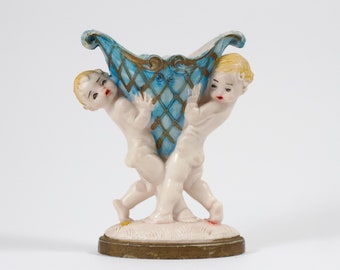 Fatonini Cherubs Ring Holder Pedestal - Depose Italy 185 - Vintage Italian Figurine Boys Holding a Horn of Plenty - Antique Kitsch Boudoir