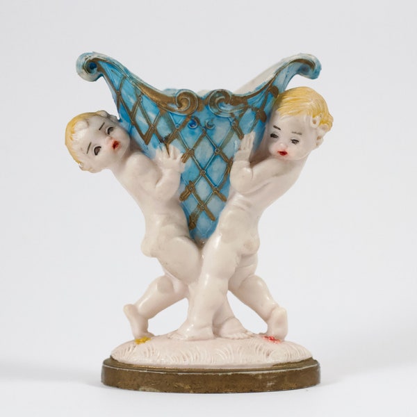Fatonini Cherubs Ring Holder Piédestal - Depose Italy 185 - Figurine italienne vintage Boys Holding a Horn of Plenty - Antique Kitsch Boudoir