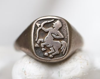 Men's Sagittarius Signet Ring size U - Sterling Silver Zodiac Sign Pinky Finger Ring Size 10 - Vintage Oxidised Jewellery