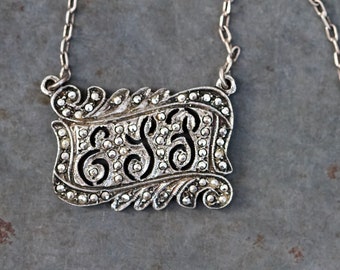 ESP Initials Necklace - Art Deco Sterling Silver and Marcasite ESP Letters Monogram Bib Pendant - Vintage Antique Victorian Jewellery