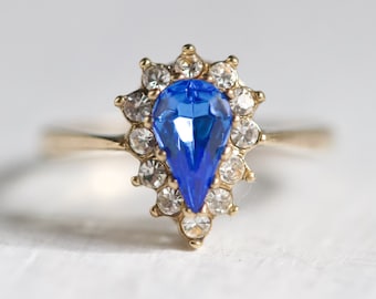 Cobalt Blue Teardrop Ballerina Ring size N - Art Deco Engagement Ring size 6.5 - Rolled Gold on Sterling Silver - Vintage Cocktail Jewellery