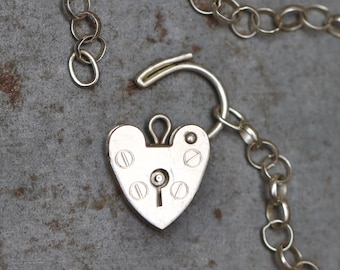 ASJ Heart Padlock Choker Necklace - Sterling Silver Punk 18 Inch Rolo Belcher Chain with Lock Pendant - Vintage Oxidised Layering Jewellery