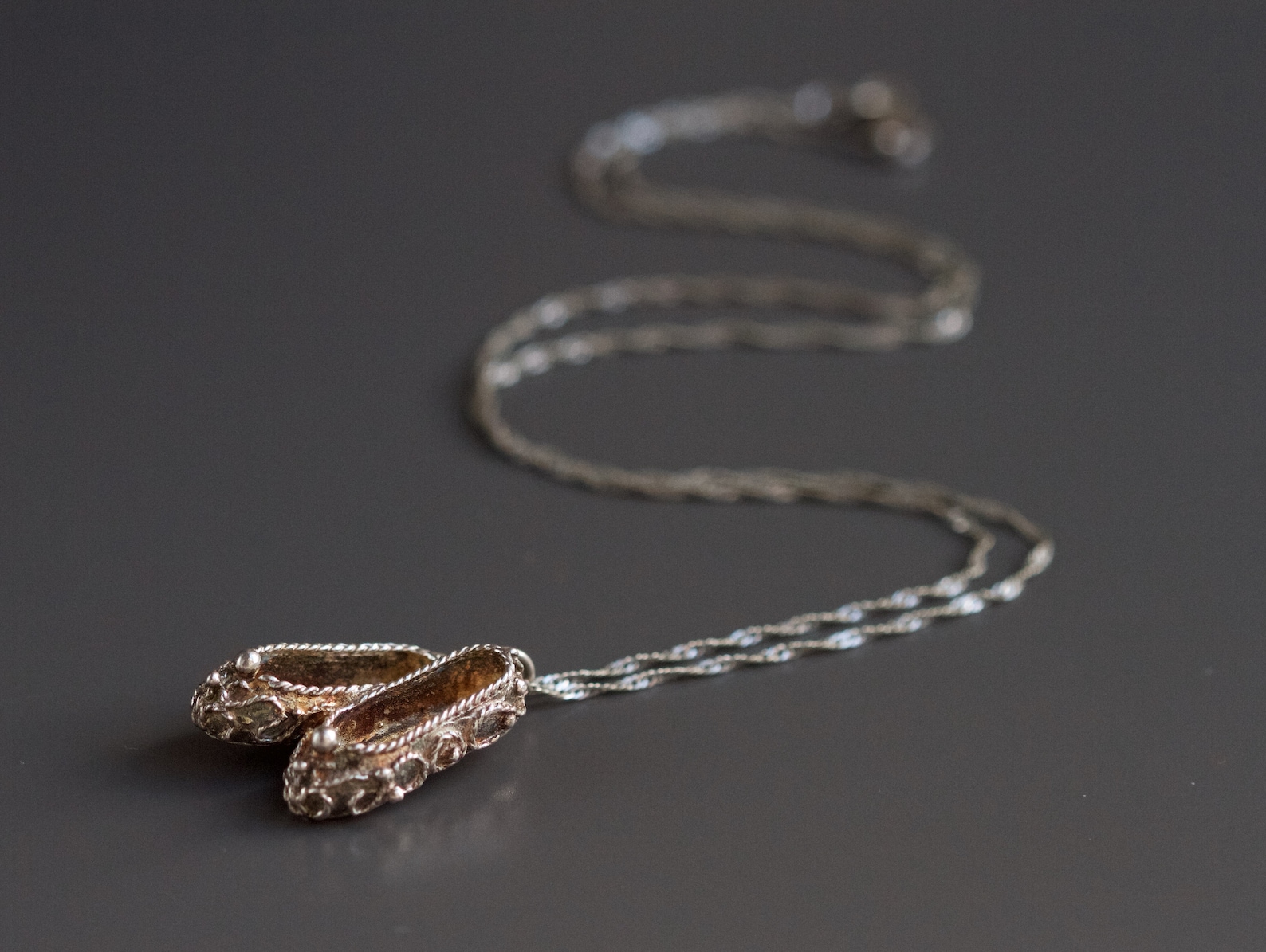 ballerina necklace - sterling silver miniature ballet shoes pendant and chain - tiny dancer - vintage oxidized jewelry