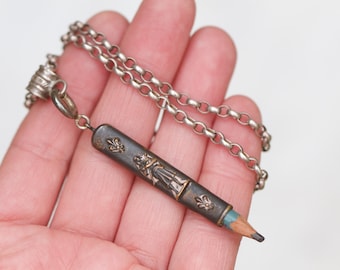 Antique Joan of Arc Pencil Necklace, Victorian Chatelaine Pencil Pendant on Sterling Silver 20 Inch Rolo Chain, Vintage Edwardian Jewellery