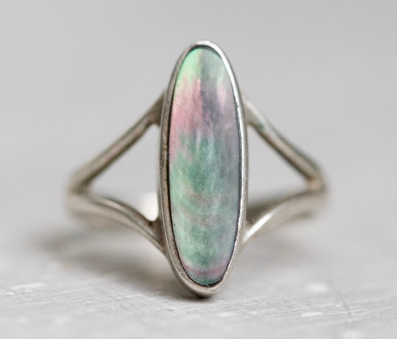 Long Index Finger Marquise Ring Size 5 12 Sterling Silver and Abalone shell Paua Seashell Ring Vintage Hippie Jewelry