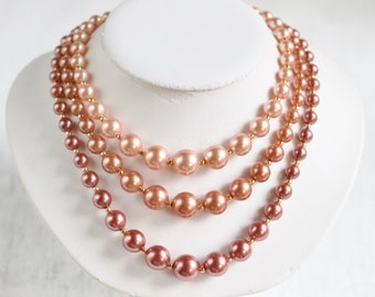 3 Strand Pearl Necklace In Peach to Brown Ombre - Vintage Cocktail Jewelry