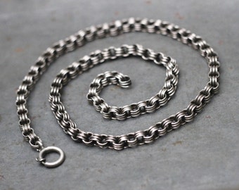 1800s Chunky Chain Short Necklace - Sterling Silver Paper Chain Brutalist Choker, Punk Collar - Modern Cleopatra Vintage Oxidised Jewellery