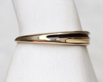 Art Deco Cuff Bracelet - Open End Minimalist Asymmetric Design Gold Tone with Beige and Black Stripes - Vintage Oxidised Jewellery