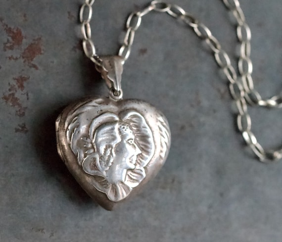 Art Nouveau Heart Locket Necklace - Sterling Silv… - image 1