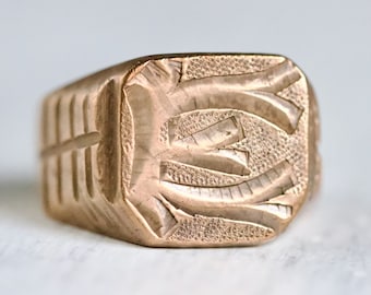 Men's Signet Ring size Z - Initial Letter E - Gilt Brass Brutalist Ring Size 12.5 - 1970s Vintage Pinky Finger Ring