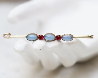 Antique Victorian Moonstone Bar Brooch - 3 inch Long Collar Pin 5 Stone in Blue and Red - Vintage oxidised Jewellery