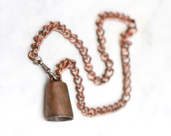 Brutalist Cow Bell Necklace - Chunky Copper Musical Pendant on Heavy Duty Chain - Vintage Oxidised Jewellery