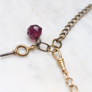 Pocket Watch Key and Purple Glass Fob Choker Necklace, Brass Small Wind up Clock Key Antique Pendants, Vintage Eclectic Layering Jewellery image 3