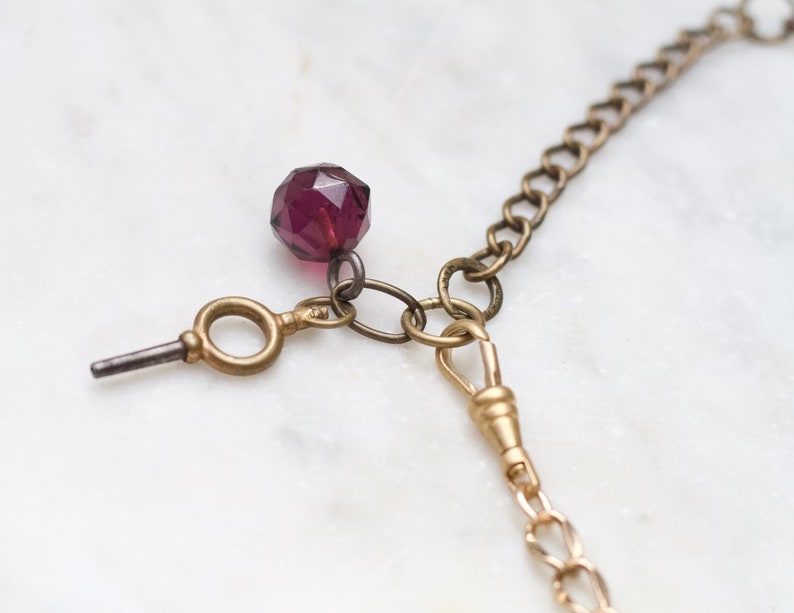 Pocket Watch Key and Purple Glass Fob Choker Necklace, Brass Small Wind up Clock Key Antique Pendants, Vintage Eclectic Layering Jewellery image 3