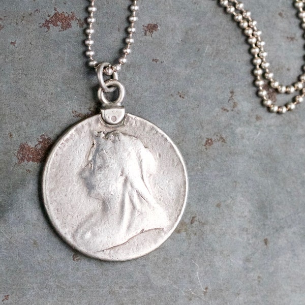 Victorian Coin Necklace - Sterling Silver Medal Pendant - Queen Victoria Jubilee 1837 - 1897 - Antique Vintage Layering Jewelry