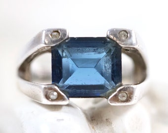 Cobalt Blue Ring size P - Brutalist Design Sterling Silver Square Signet - Index Finger Ring size 8 - Vintage Oxidised Bling Jewellery