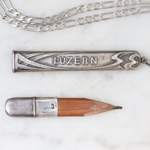 Victorian Pencil Necklace - Antique Luzern Sterling Silver Pencil Case Pendant on 30 Inch Long Figaro Chain - Vintage Edwardian Jewellery