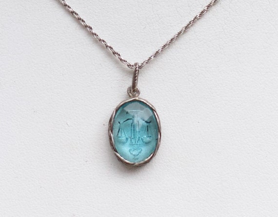 Libra Necklace - Aqua Blue Intaglio Pendant on St… - image 1