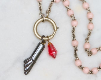 Hematite Figa Hand Pendant Necklace with Red Glass Teardrop Charm Cluster on Pink Rosary Chain - Vintage Elegant Boho Layering Jewellery