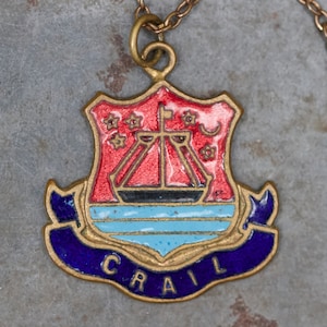 Crail Shield Necklace - Enamel Coat or Arms Crest Pendant on Brass - Antique Souvenir from Cathair Aile Fife Scotland - Vintage Jewellery