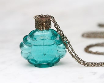 Teal Glass Vial Necklace - Art Deco Poison Bottle - Chubby Keepsake Container Pendant on Copper Rope - Vintage Layering Boho Jewellery