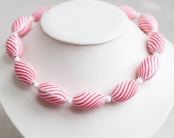 Chunky Pink Choker Necklace - Candy Stripes Large Beads Short Collar - Made in Hong Kong - Vintage Statement Jewelry