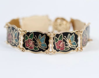 Cloisonne Butterflies Bracelet - Butterfly on Flowers Enamel Panel Links - Vintage Art Nouveau Jewellery