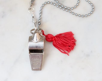 Classic Pea Whistle Necklace - The Acme Thunderer with Red Tassel on 32" Long Chain - Repurposed Vintage Oxidised Layering Jewellery