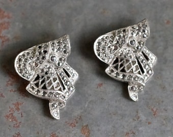 Art Deco Shoe Clips - 1930s Marcasite Stones on Silver Tone - Vintage Cocktail Jewellery