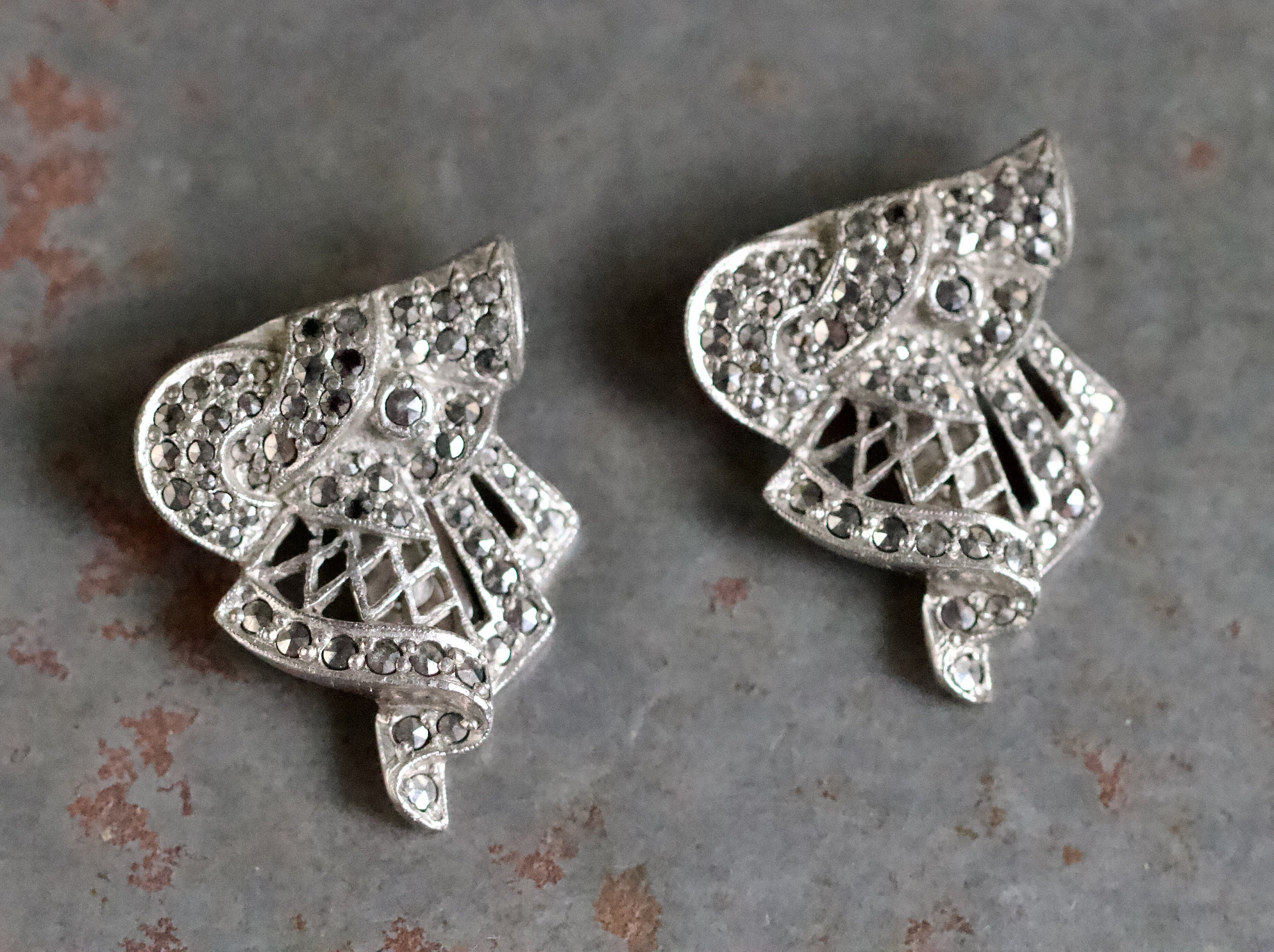 Art Deco Shoe Clips - 1930s Marcasite Stones on Silver Tone