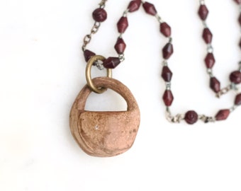 Miniature Basket Necklace – Carved Fruit Pit Pendant, Burgundy Rosary Chain