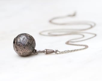 Antique Jingle Bell Necklace - Antique Victorian World Globe Rattle Pendant on long Gun Metal Chain - Vintage Repurposed Layering Jewellery