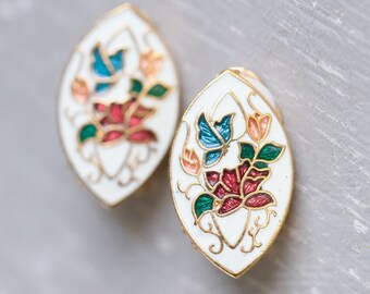 Cloisonne Clip On Earrings - Art Nouveau Enamel Flowers and Butterfly on White - 80s Vintage New Old Stock Jewellery