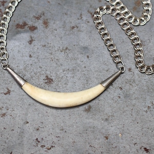Art Deco Bovine Bone Bib Choker Necklace 16 Inch - 70s Sterling Silver and Ox Bone Antique Primitive Tribal Choker - Natural Boho Jewellery