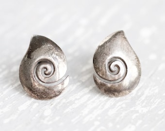 Spiral Teardrop Earrings - Sterling Silver studs with Patina - 90s Vintage Geometric Oxidised Jewellery