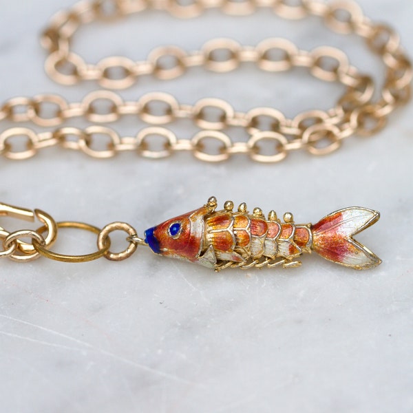 Collier ras de cou articulé poisson - pendentif nautique antique cloisonné émaillé sur chaîne Rolo en or 16 pouces - bijoux vintage en superposition oxydée