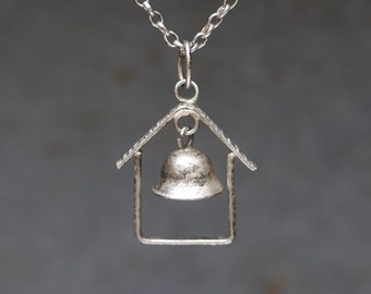 Tiny Bell House Necklace - Silver Plated Quirky Pendant on 18 inch Rolo Chain - Vintage Oxidised Layering Jewellery