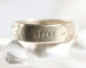 JAI Engraved Men's ID Ring size Y - Silver Plated Brass Signet Pinky Finger Ring Size 12 with Name Jai - Vintage Oxidised Jewellery