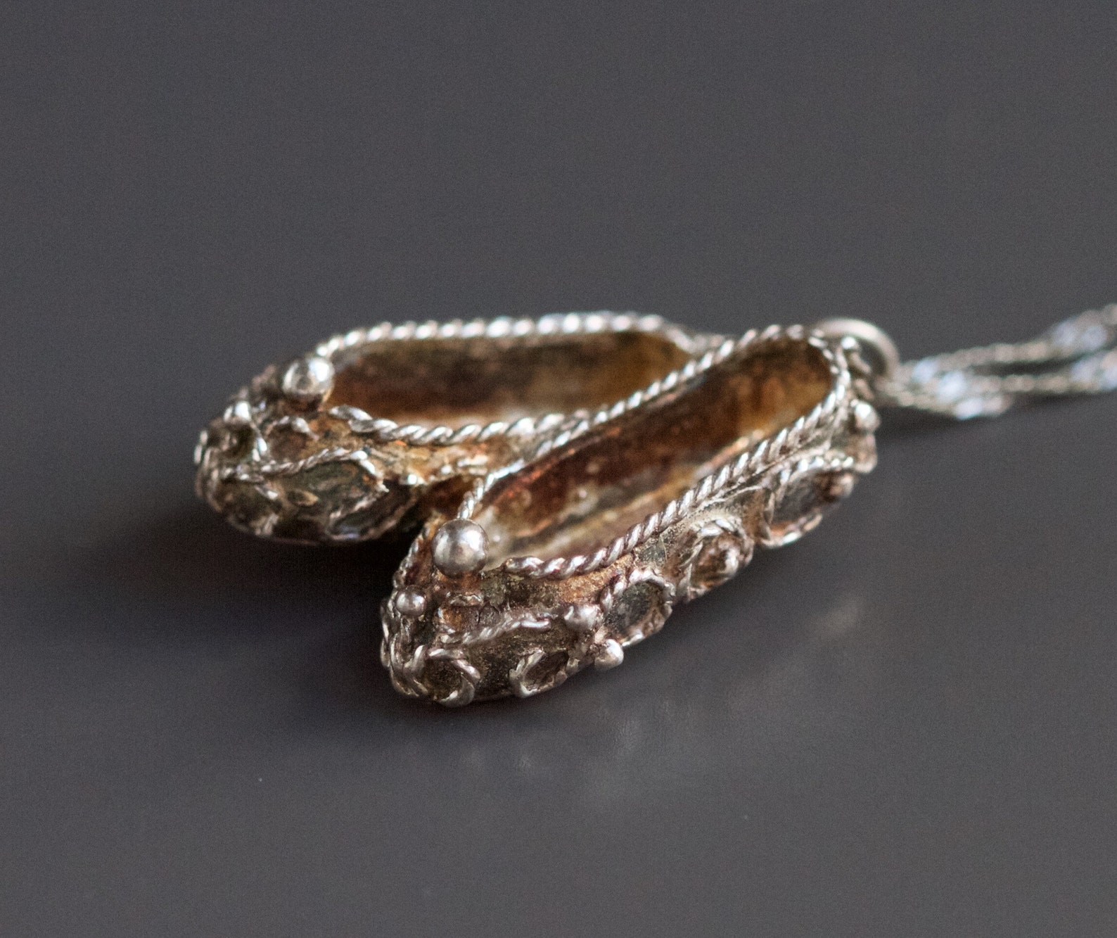 ballerina necklace - sterling silver miniature ballet shoes pendant and chain - tiny dancer - vintage oxidized jewelry