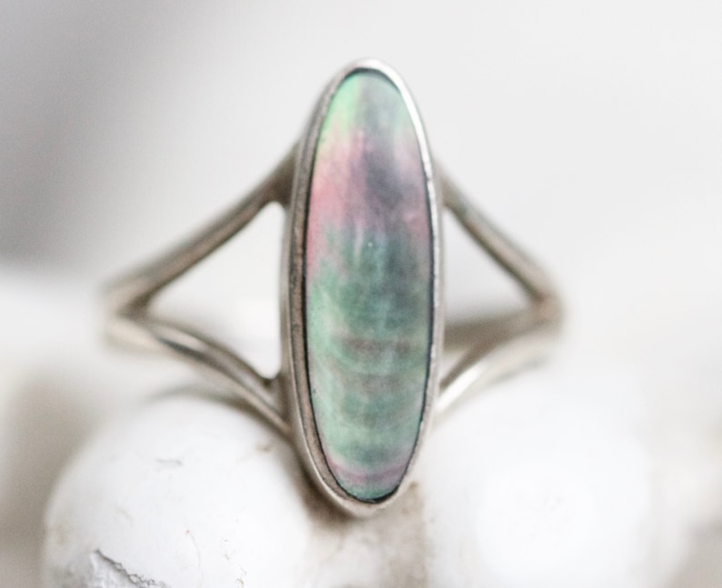 Long Index Finger Marquise Ring Size 5 12 Sterling Silver and Abalone shell Paua Seashell Ring Vintage Hippie Jewelry