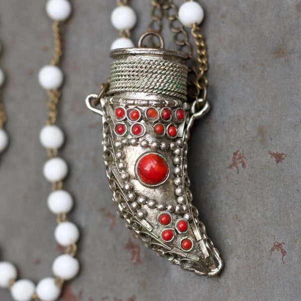 Poison Bottle Necklace - Horn of Plenty Snuff Vial Pendant with Red Stones Pendant on long Chain with White Beads - Vintage Boho Jewellery