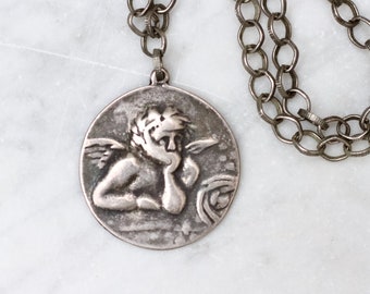 Raphael's Cherub Angel Necklace - Large Silver Medallion on 30 Inch Long Chain - Vintage Boho Layering Jewellery