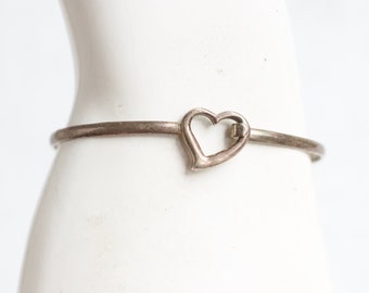 Heart Cuff Bracelet - Sterling Silver Minimalist Thin Bangle - Vintage Oxidised Jewellery