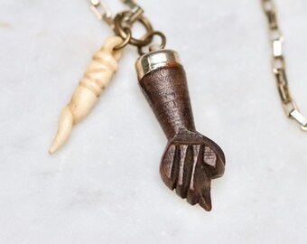 Wooden Figa Hand Pendant Long Necklace and Miniature Carved Bone Lucky Horn Charm Cluster - Vintage Boho Layering Jewellery