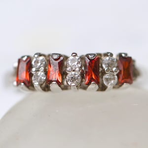 Cubic Zirconia Garnets Ring Size R - Sterling Silver 4 Stone Eternity Ring Size 9 - Gothic Red Engagement - Vintage Cocktail Jewellery