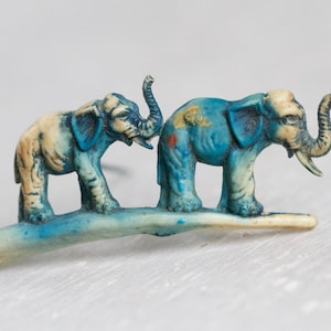 Victorian Elephant Brooch - Blue Celluloid Row of Elephants Lapel Pin - Vintage Quirky Jewelry
